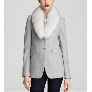 NWOT THEORY gray wool blazer jacket with removable Real blue fox fur trim US 0